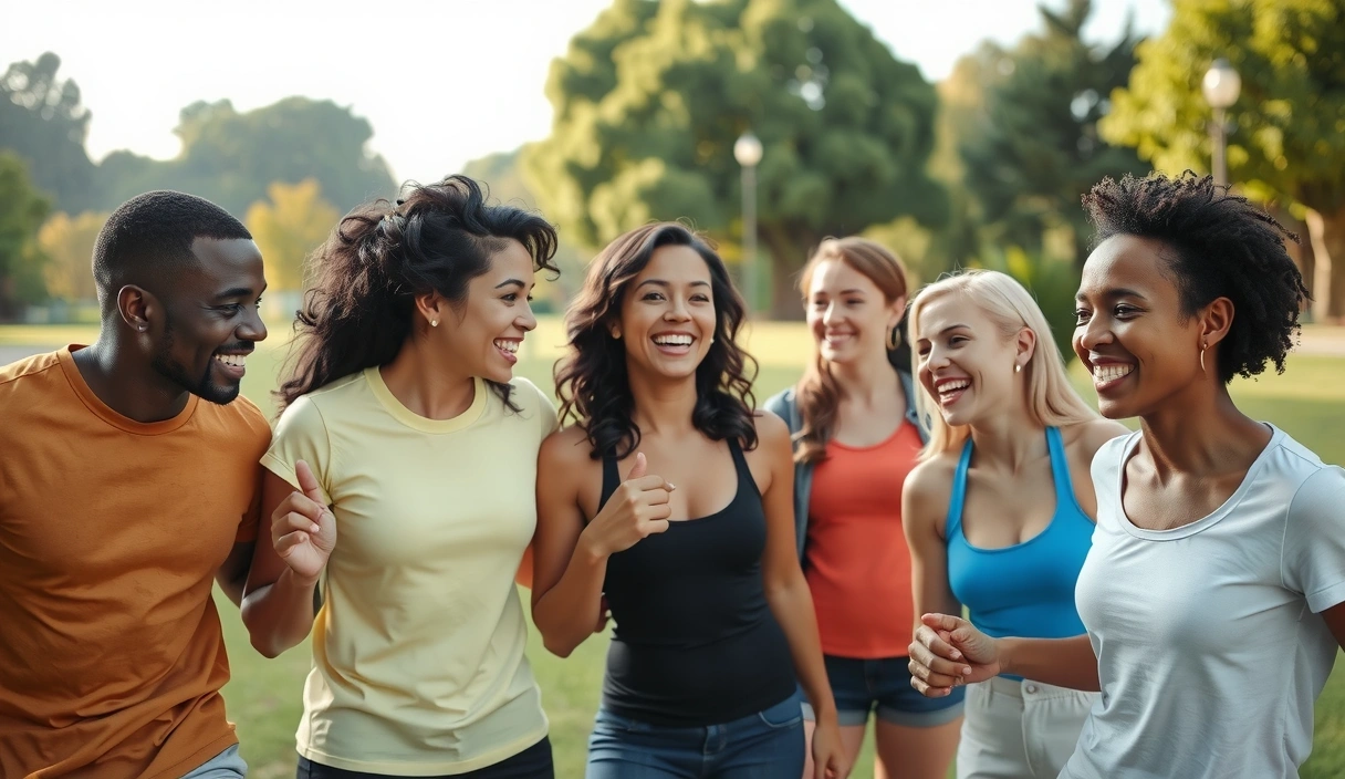 Gruppe glücklicher, gesunder Menschen, die zusammen lachen, symbolisiert Erfolg und Wohlbefinden.